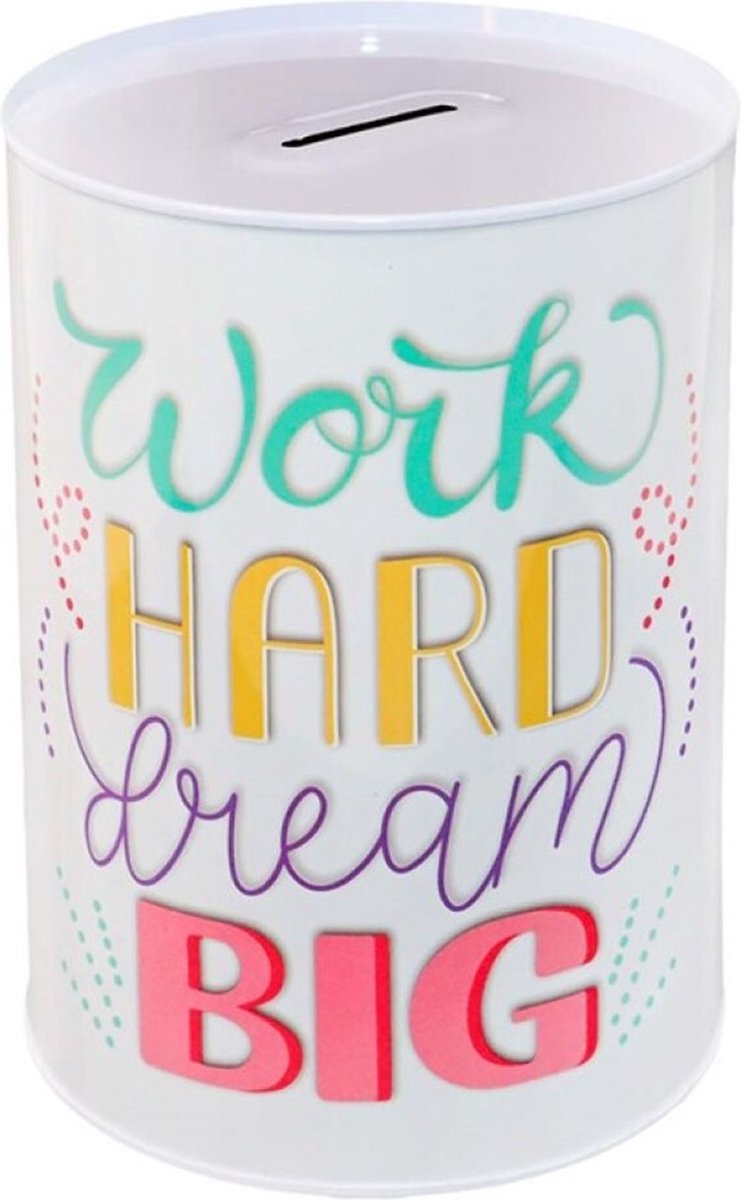 Concorde Spaarpot blik Tekst Work Hard Dream Big - gekleurd - 10 x 15 cm - Metaal - Kinderen/volwassenen