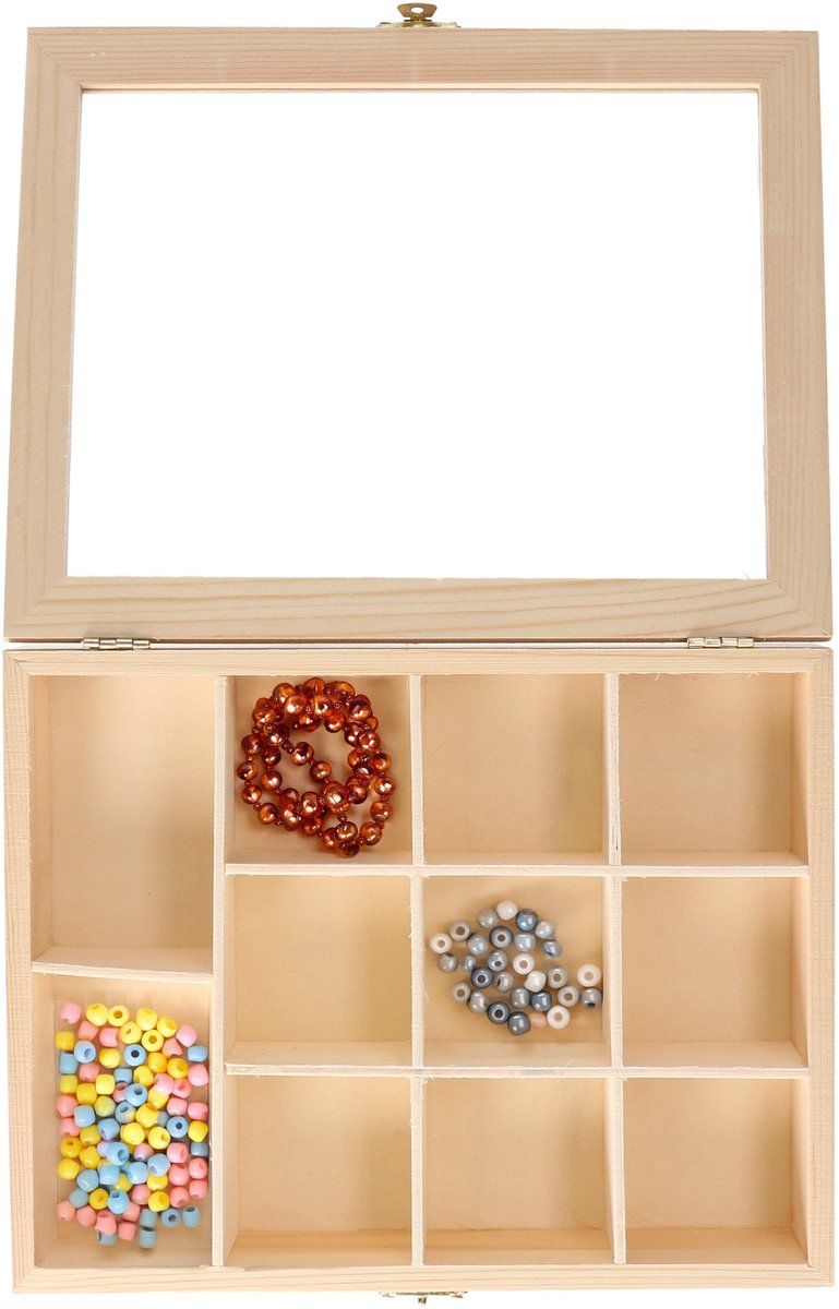 Hobby/kralen opbergdoos - 11-vaks - naturel - hout - 23 x 18 x 5 cm - knutselspullen opbergen