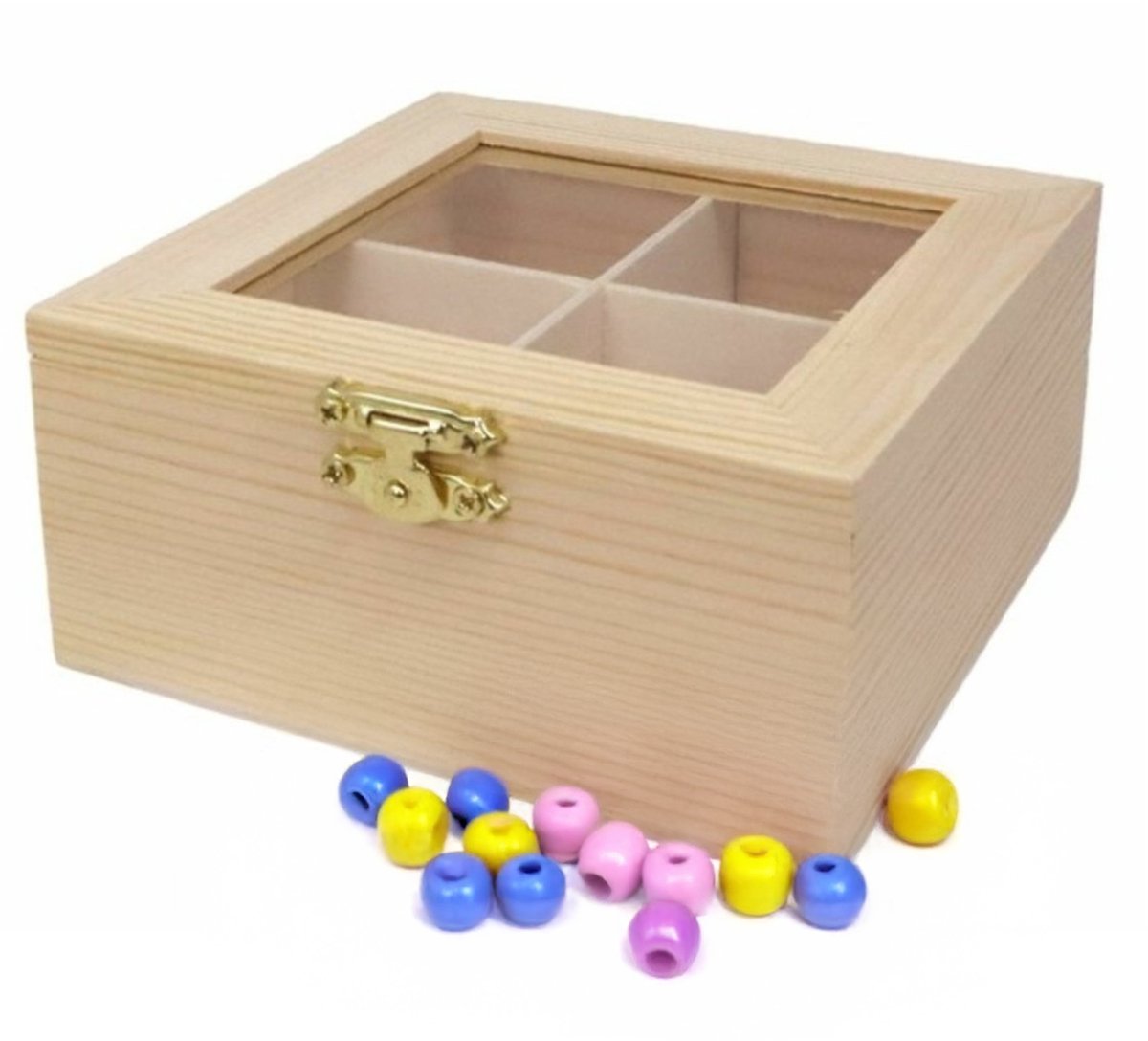 Hobby/kralen opbergdoos - 4-vaks - naturel - hout - 12 x 12 x 5 cm - knutselspullen opbergen