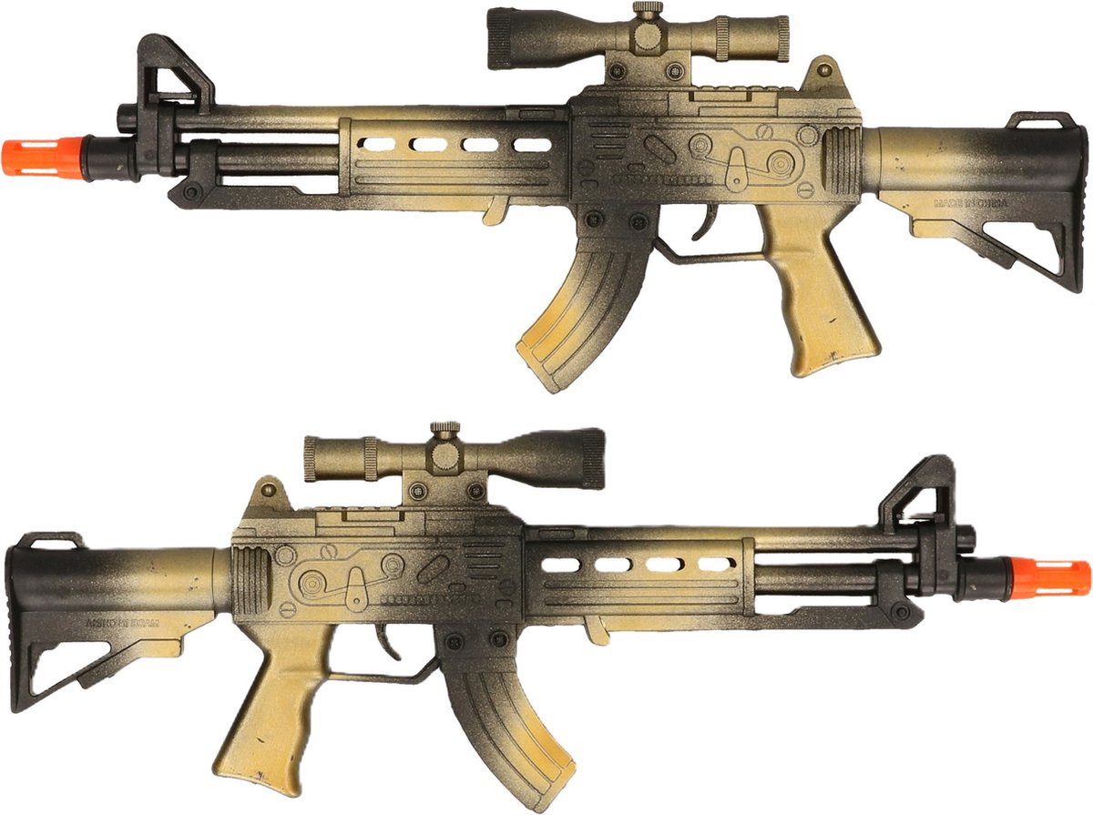 Verkleed speelgoed Politie/soldaten geweer - 2x - machinegeweer - zwart/goud - plastic - 38 cm
