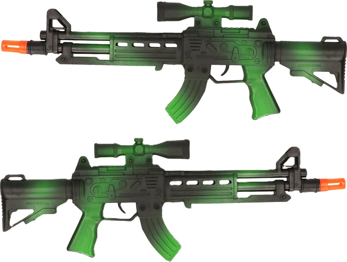 Verkleed speelgoed Politie/soldaten geweer - 2x - machinegeweer - zwart/groen - plastic - 38 cm