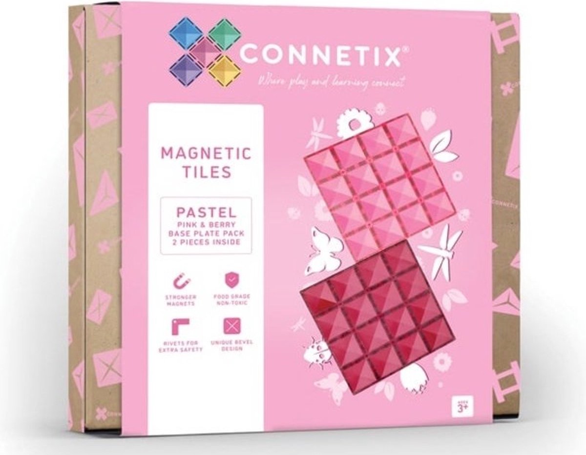 Connetix - 2 Pastel Pink Berry basisplaten 30 x 30 cm - magnetisch constructiespeelgoed