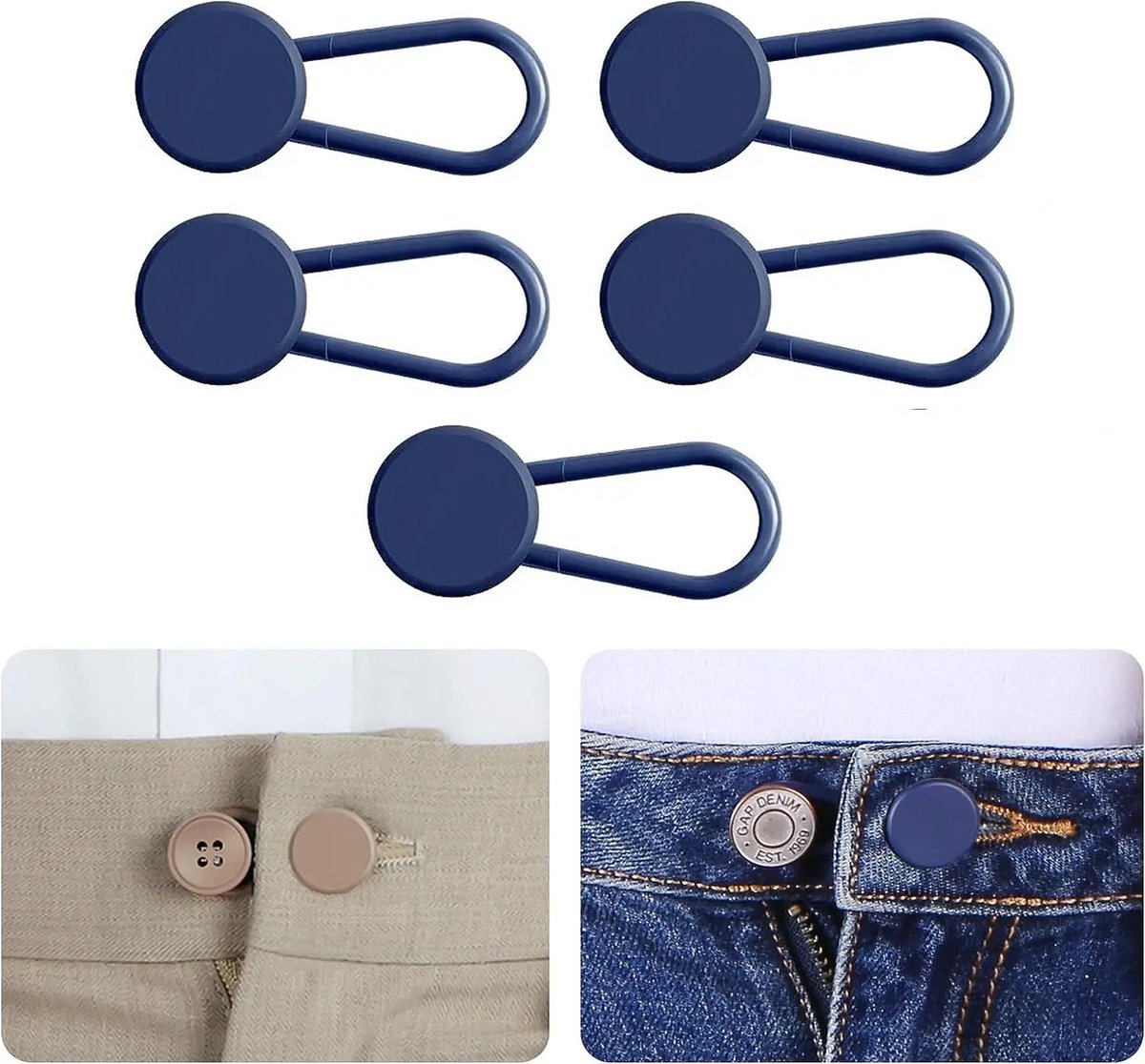 Consumerce® Knoopsgat Verlenger - 5 Stuks - Navy - Broekverbreder - Knoop Verbreder - Broek Knoopsgatverlenger - Broekverlenger - Jeans Knopen - Broeken Elastiek