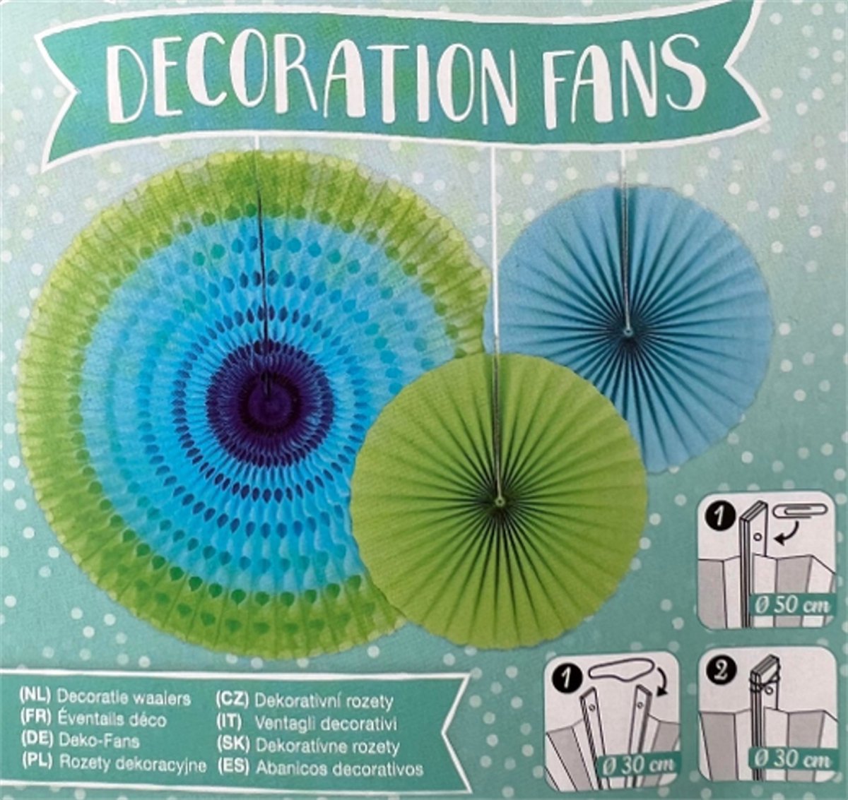 Feestdecoratie Waaiers - Versiering - Decoratie - Feestelijk - Waaiers - 3 Stuks - 1x 50cm/2x 30cm - Blauw/Groen - Inclusief ophang lus en pepercilps.