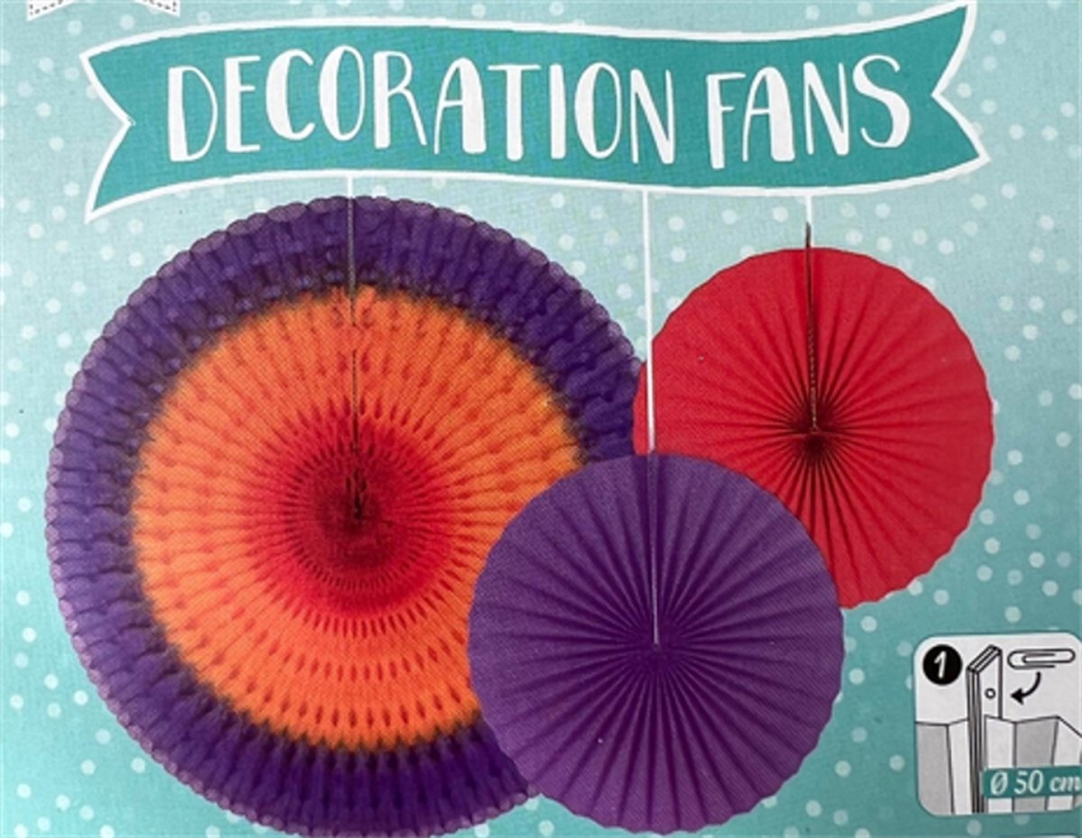 Feestdecoratie Waaiers - Versiering - Decoratie - Feestelijk - Waaiers - 3 Stuks - 1x 50cm/2x 30cm - Paars & Oranje - Inclusief ophang lus en pepercilps.