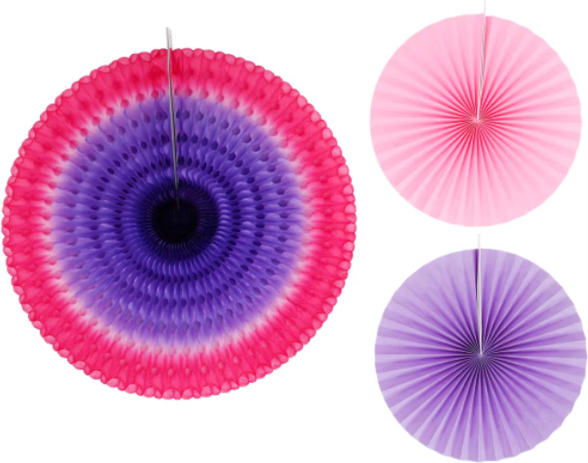 Feestdecoratie Waaiers - Versiering - Decoratie - Feestelijk - Waaiers - 3 Stuks - 1x 50cm/2x 30cm - Roze & Paars - Inclusief ophang lus en pepercilps.