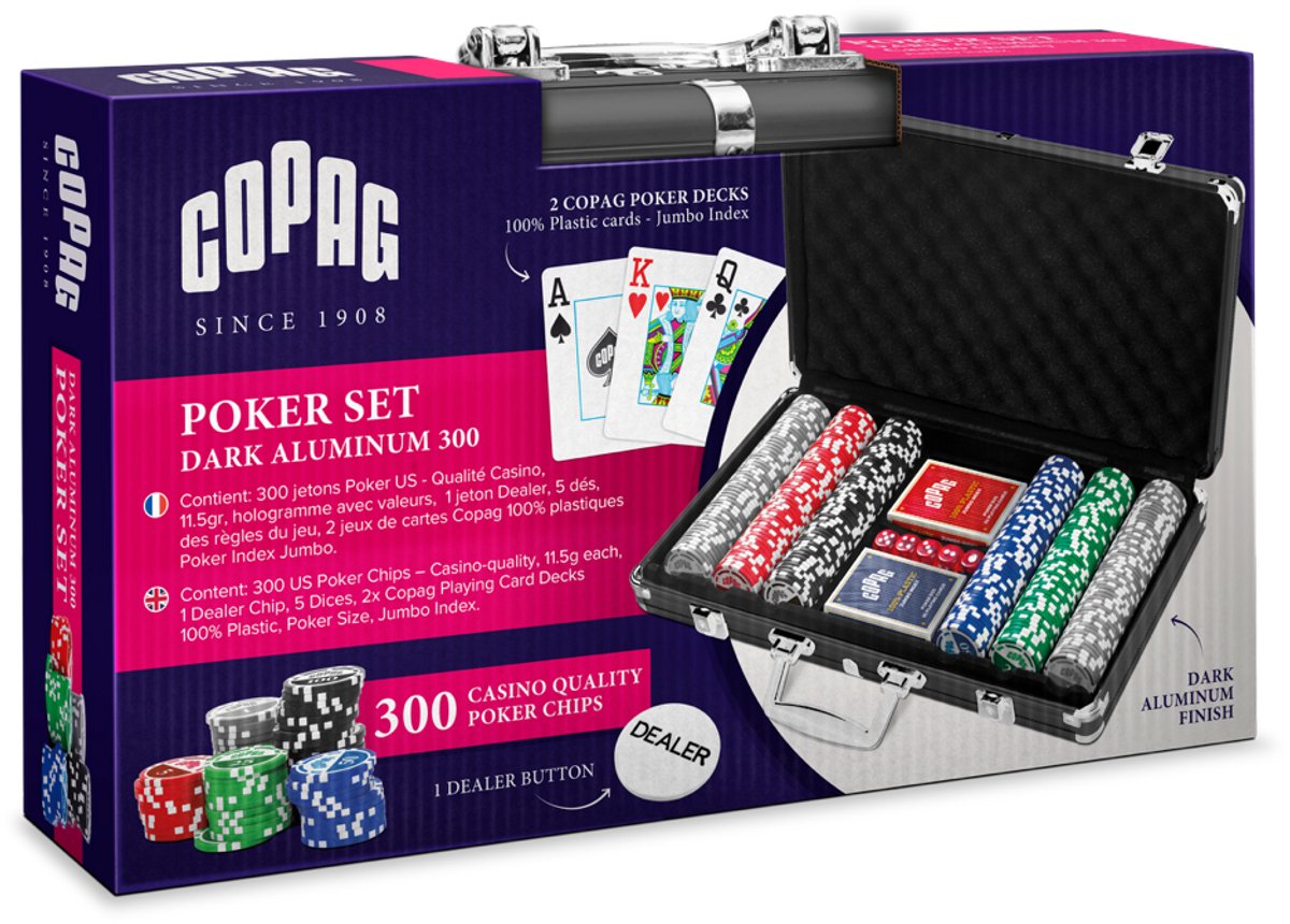 COPAG® Poker Set 300 Chips inclusief 2x 100% duurzame PVC Speelkaarten, 5 dobbelstenen en poker buttons