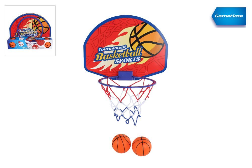 Gametime basketbalring 17cm met bord 28x21cm ophanghaken en 2 ballen