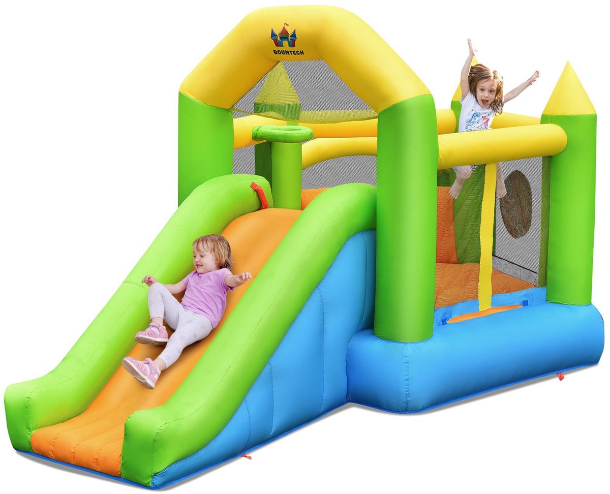 Springkasteel – Springkussen – Opblaasbaar Kasteel – Bouncer – Speelhuisje – Met Glijbaan & Ballenbad – Duurzaam Oxford Stof – Inclusief Basketbalring & Reparatiesetje 477x241x208 cm