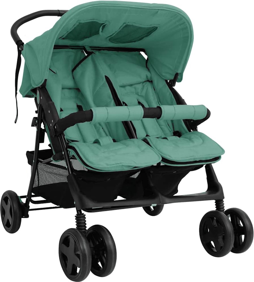 Tweelingwagen – Dubbele Kinderwagen – Tandemwagen – Babywagen – Duo Buggy – Staal Frame – Verstelbare Zitposities – Groen