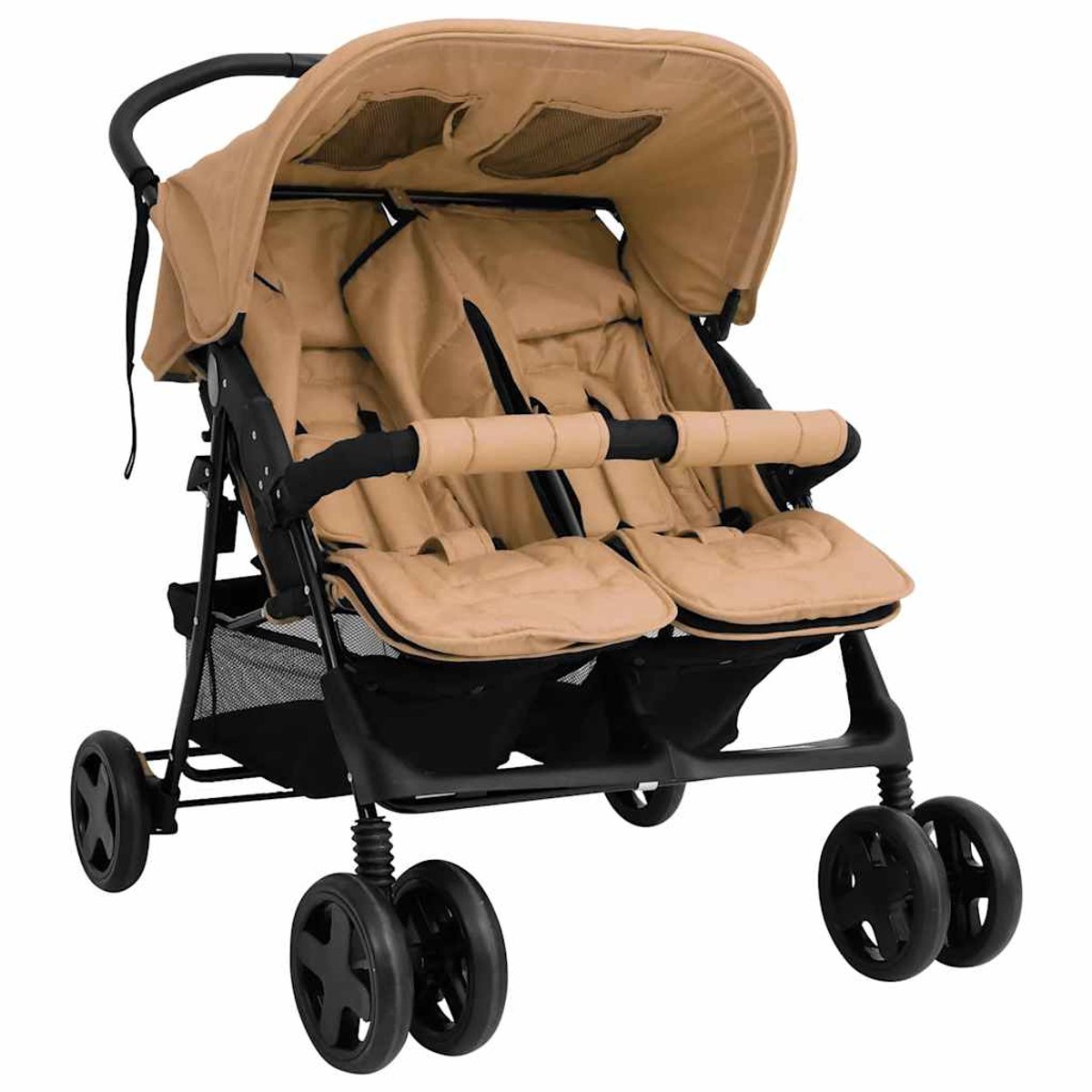 Tweelingwagen – Dubbele Kinderwagen – Tandemwagen – Babywagen – Kinderbuggy – Stevig Stalen Frame – Verstelbare Zit- en Ligpositie Taupe