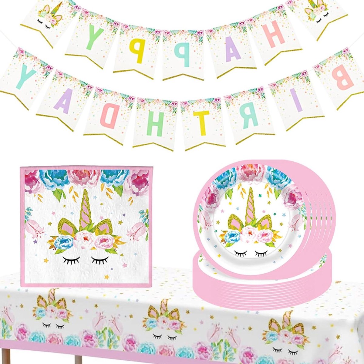 Cosensi - Eenhoorn partyserviesset voor kinderverjaardag - Roze prinsessen thema - Servies met borden, bekers, servetten, tafelkleed en banner - Meisjes verjaardag - 68 stuks