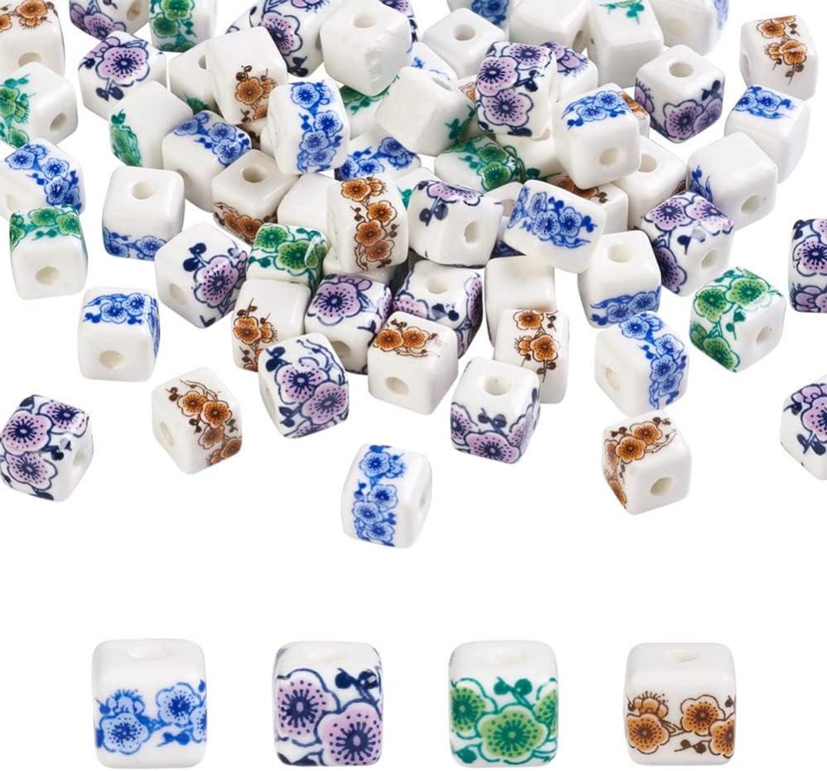 Cosensi - Handgemaakte porseleinen kubus kralen 9mm - Bloem bedrukt - Keramische losse kralen - DIY armband ketting sieraden maken - Set van 72 stuks