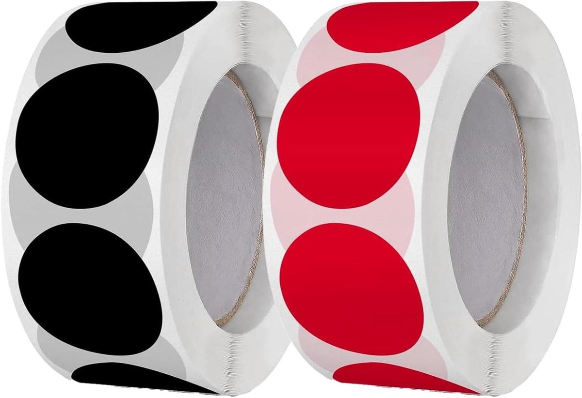 Cosensi - Kleurcodering Stickers voor kantoor, winkel en thuis - Set van 2 rollen - Natuurlijk papier - Rode stippen - 1 inch - 500 stickers - Rood en zwart - Markering.