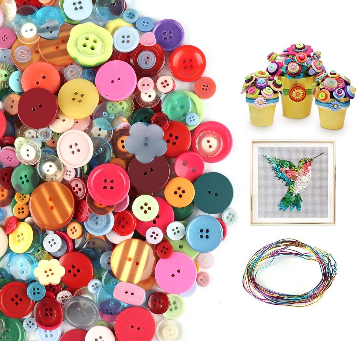 Cosensi - Kleurrijke knoppen voor naaien en knutselen - set van 1200 met diverse kleuren - inclusief 10 gekleurde draden - handgemaakt project - knoppen schilderen - van 0.7 tot 3 cm - met 2 en 4 gaten