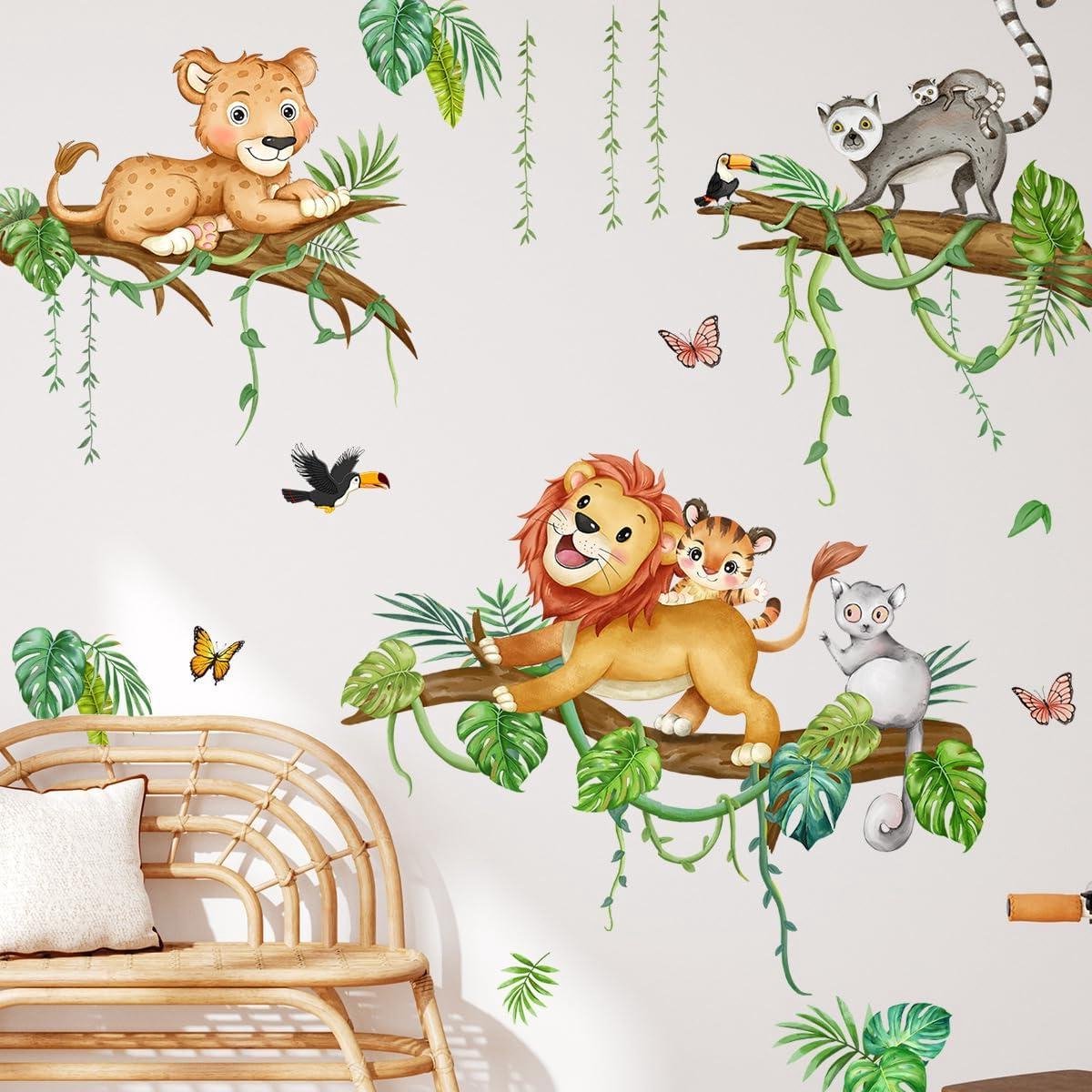 Cosensi - Muurstickers met Leeuw en Tropische Palmbladeren voor Babykamer en Kinderen - Jungle Dieren Thema - Decor voor Klas, Slaapkamer en Thuis