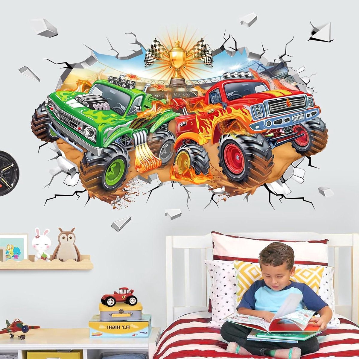 Cosensi - Muurstickers voor jongenskamer met 3D racing autos - Truck thema - Eenvoudig aan te brengen - Voertuigen interieur decoratie