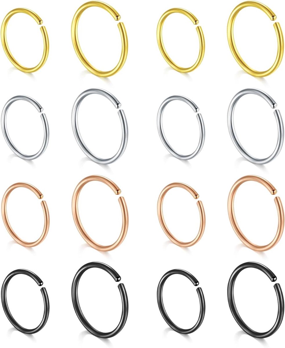Cosensi - Neuspiercing 0,8mm 20g Roestvrij Staal 8mm 10mm Binnendiameter Zilver Roségoud Goud Zwart - Trendy Sieraden Accessoire