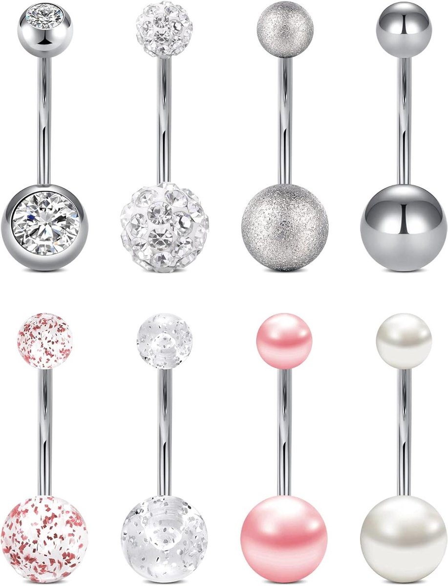 Cosensi - Roestvrij stalen navelstaafjes met kristal en zirkonia - set van 4 - 1,6 mm - diverse lengtes - voor dames - piercingsieraad
