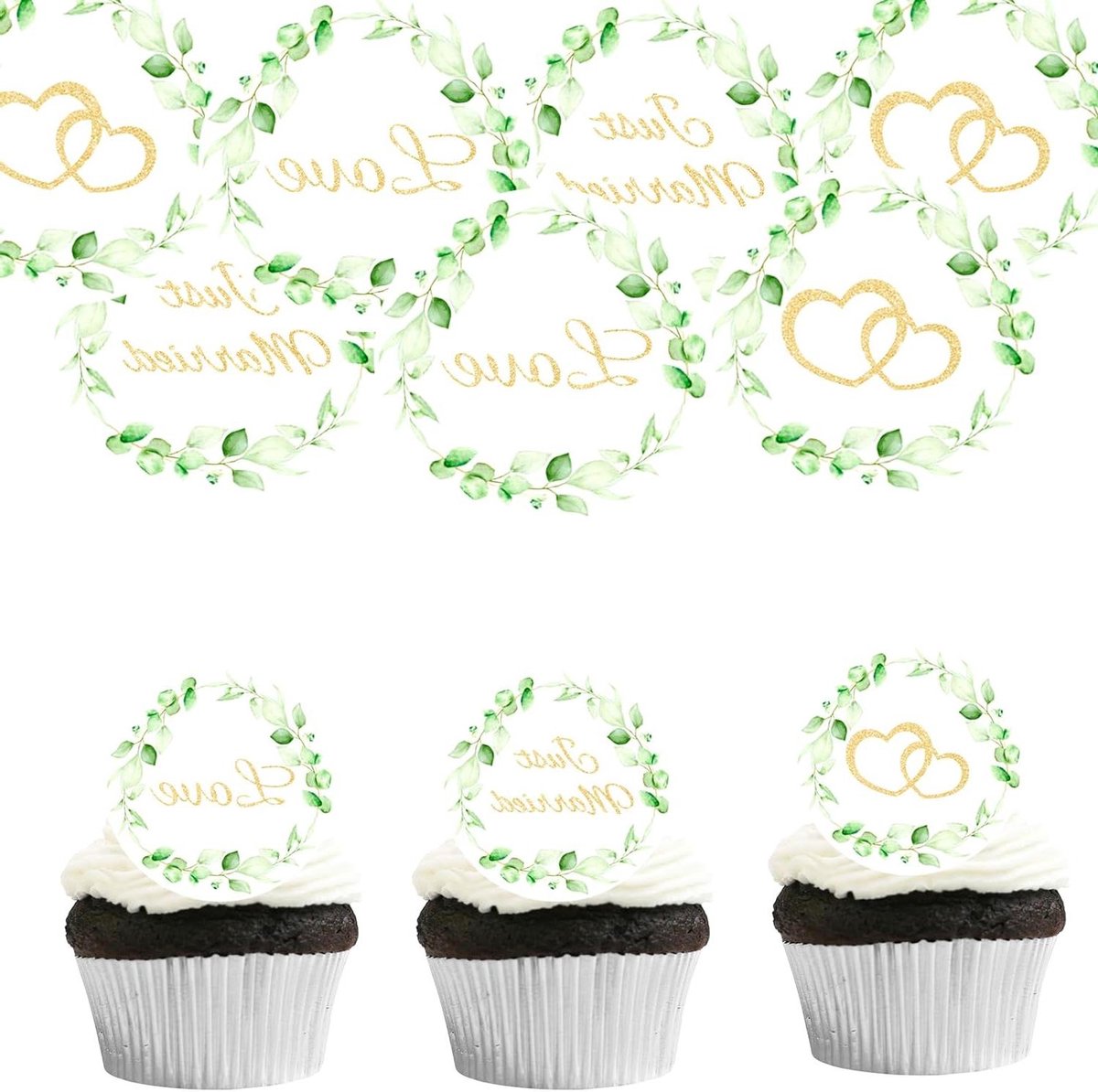 Cosensi - Taartdecoratie voor bruiloft - 48 stuks - Just Married - eetbaar - cupcake-toppers - muffindecoratie - hartvormig - eetpapier - bruiloftstaart - feestdecoratie - romantisch thema