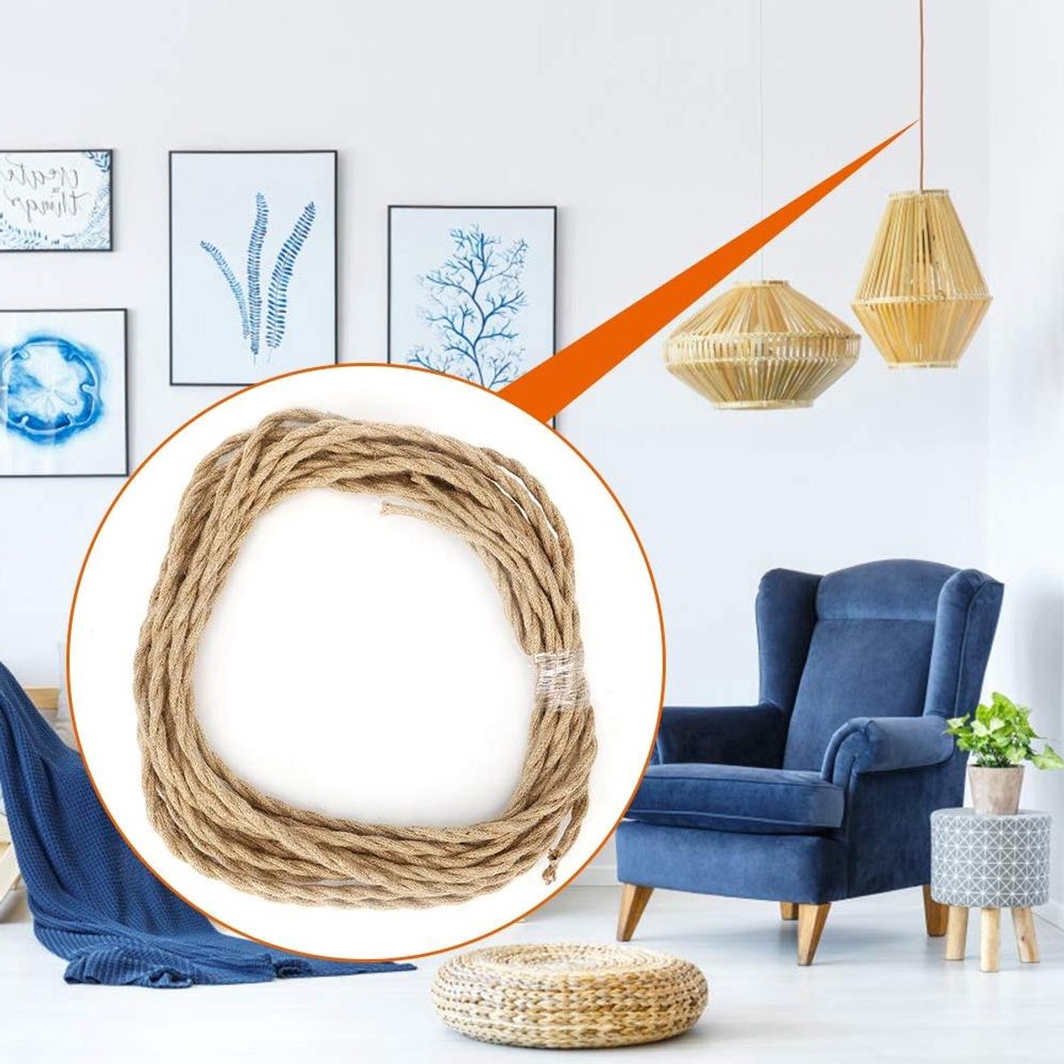 Cosensi - Vintage henneptouw elektrische draad voor kroonluchterlicht in woonkamers, studeerkamers en gangen (5 meter / 16,4 voet)