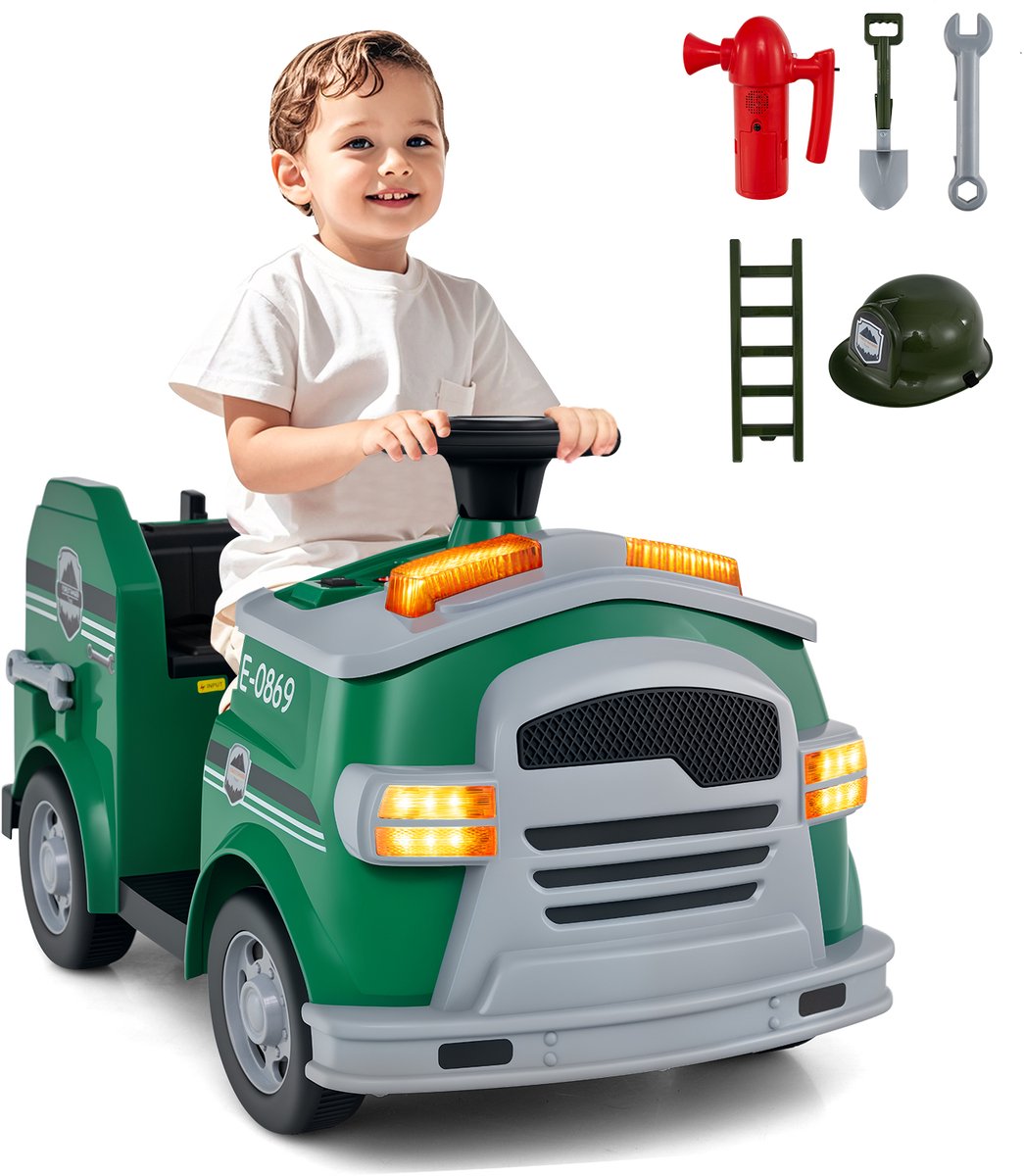 COSTWAY 12 V brandweerglijauto, kinderbrandweerauto met claxon, schep, brandblusser, veiligheidshelm en moersleutel, glijvoertuig met muziek en alarm, speelgoedauto voor kinderen vanaf 3 jaar (groen)