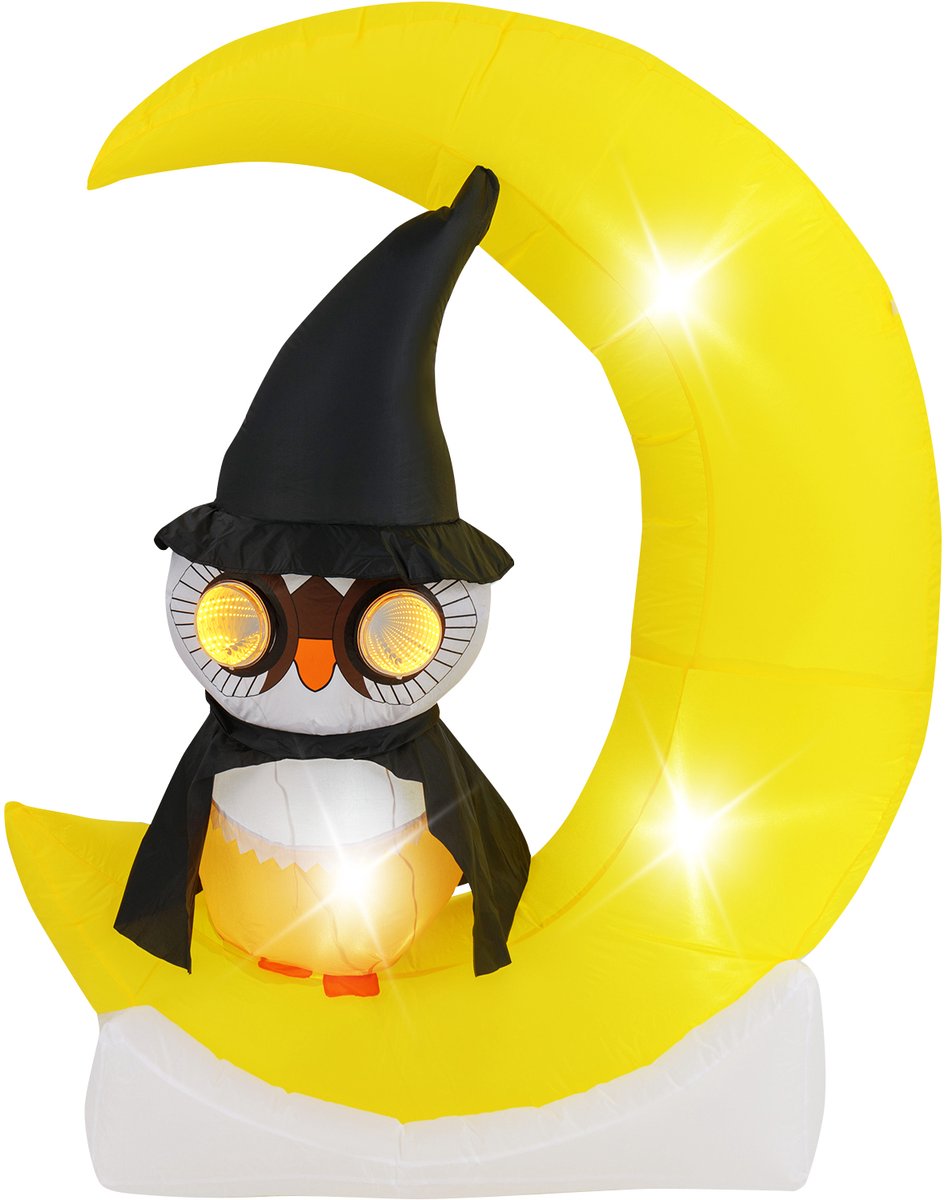 COSTWAY 155 cm Halloween decoratie outdoor, led opblaasbare uilen op de maan staand, verschrikkelijke Halloween-decoratie voor tuin, gazon, tuinfeest, zelfopblazend