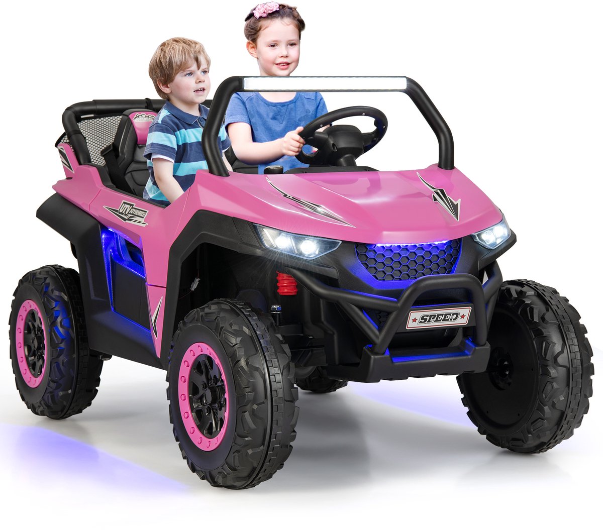 COSTWAY 2-zits kinderauto met 2,4 G afstandsbediening, 12 V kinderen UTV met muziek en koplamp, Auto 2-4 km/u, voor kinderen vanaf 3 jaar (roze)