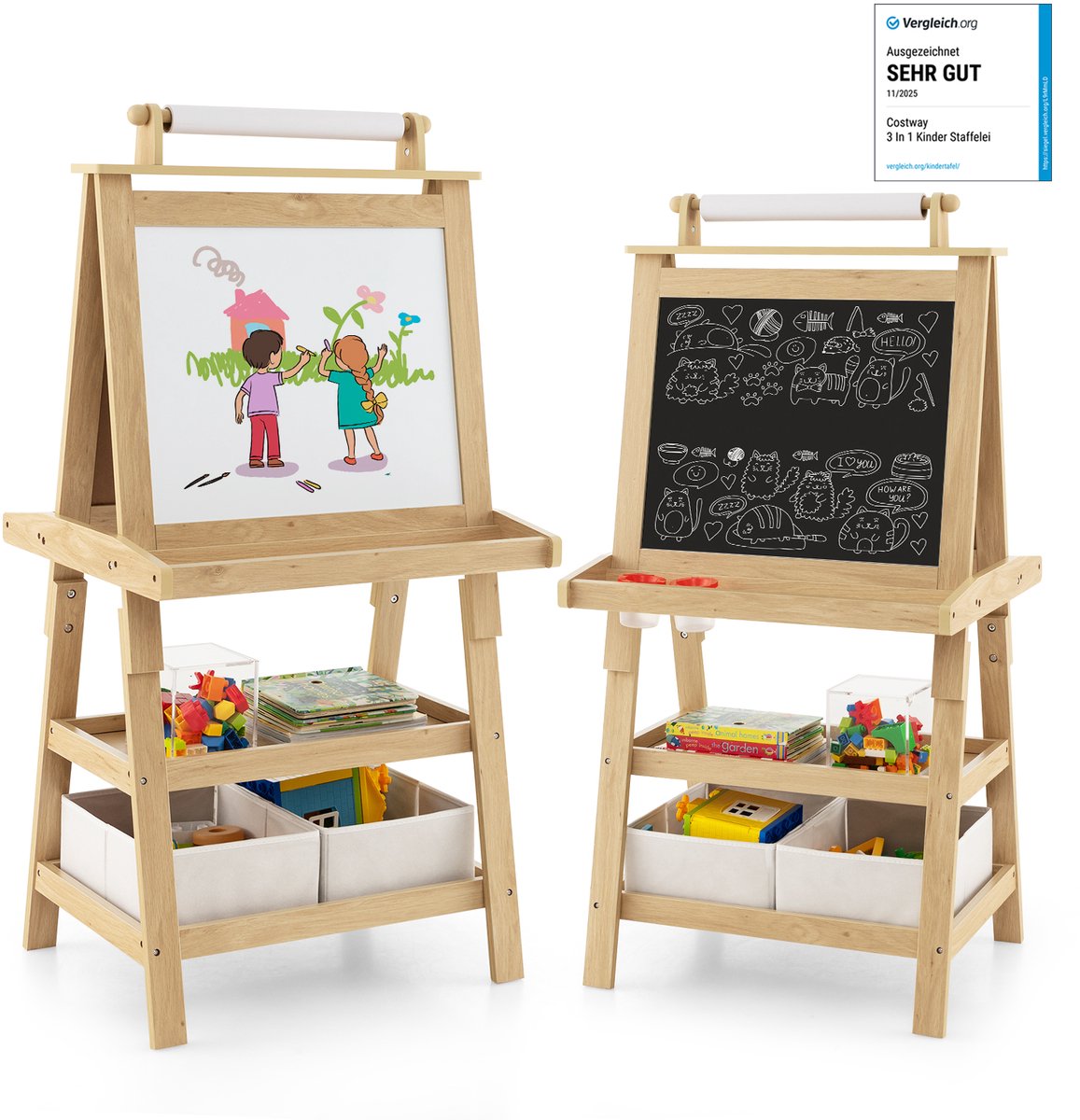 COSTWAY 3-in-1 kinderschildersezel, kinderbord dubbelzijdig, whiteboard & krijtbord & tekenpapier, staande tafel incl. magneten, 2 planken houten bord met 2 opbergdozen (natuur)