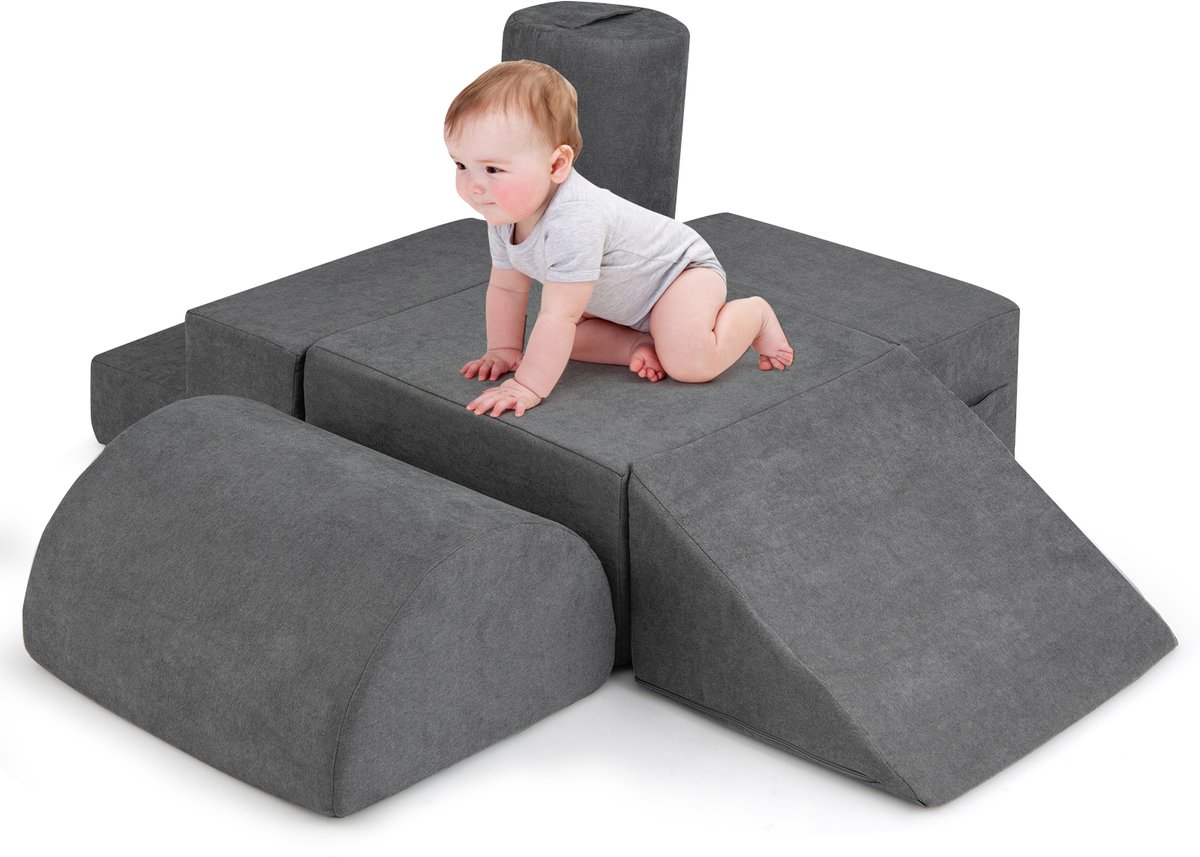 COSTWAY 6-delige zachte bouwstenen, schuimbouwstenen voor klimmen en kruipen voor babys en peuters, reuzenbouwstenen van schuim, grote bouwstenen voor binnen, 220 x 25 cm, grijs