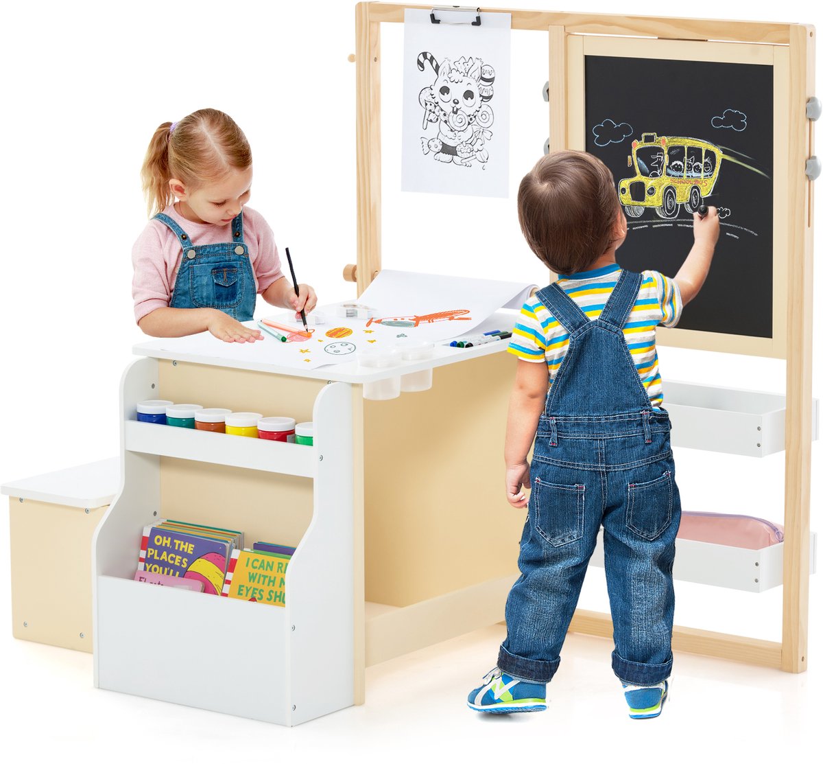 COSTWAY 6-in-1 kinderschilderset, staand bord van hout met dubbelzijdig krijtbord, whiteboard en papierrol, kinderbord in hoogte verstelbaar met bank, planken voor kinderen vanaf 3 jaar (wit)