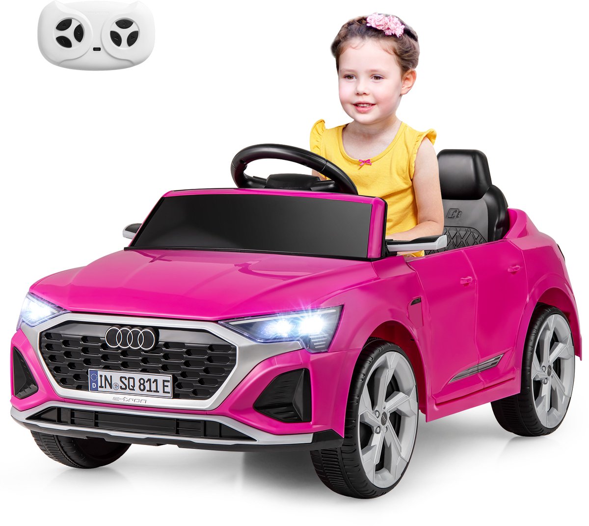 COSTWAY Audi SQ8 Elektrische kinderauto, 12 V, met 2,4 G afstandsbediening, claxon, koplamp en muziek, 3 versnellingen, elektrische kinderauto, voor kinderen vanaf 3 jaar (roze)