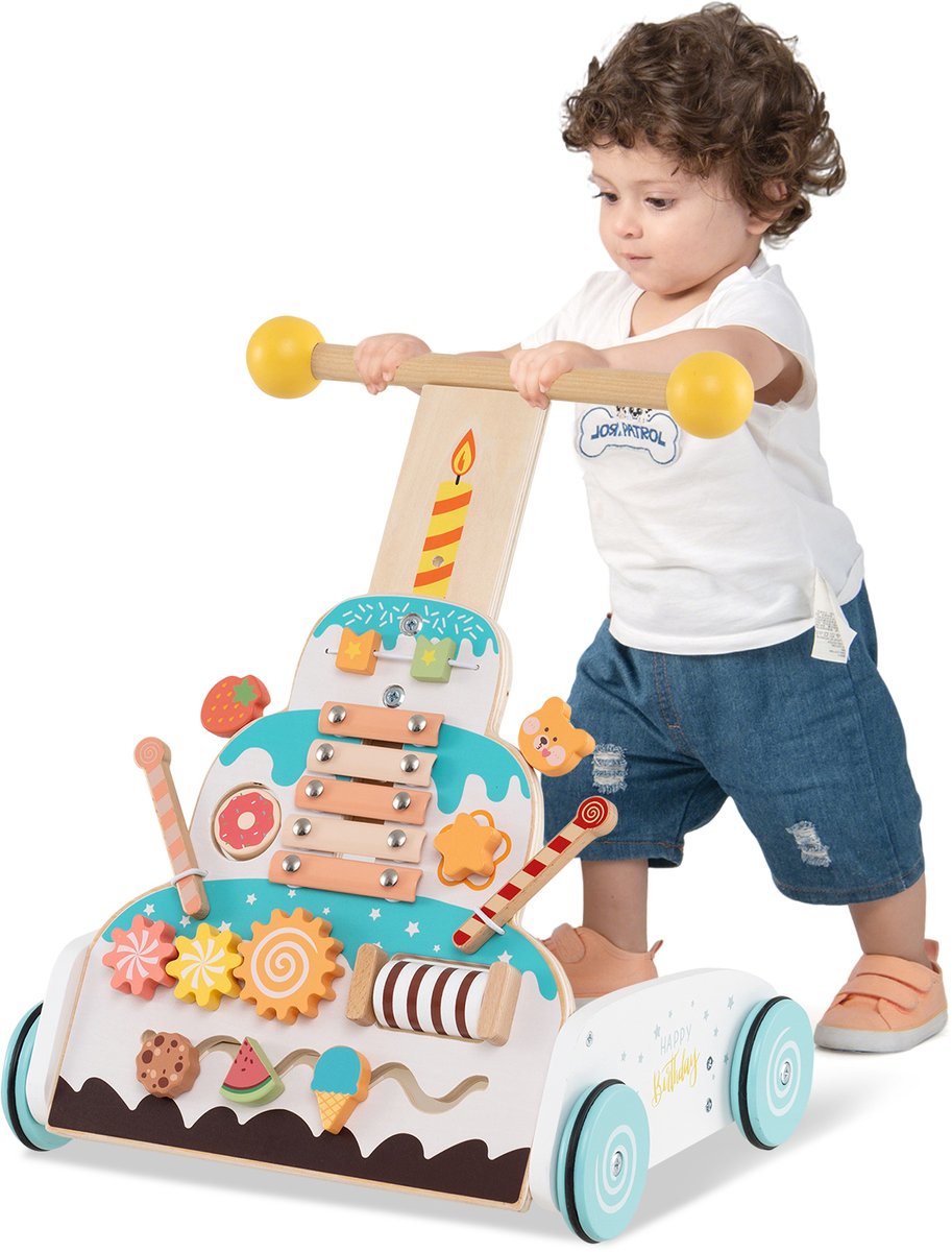 COSTWAY Houten loopwagen, in hoogte verstelbaar, met activiteitencentrum, xylofon, glijblokken en rolkralen, Montessori loopspeelgoed, loophulp voor kinderen vanaf 1 jaar