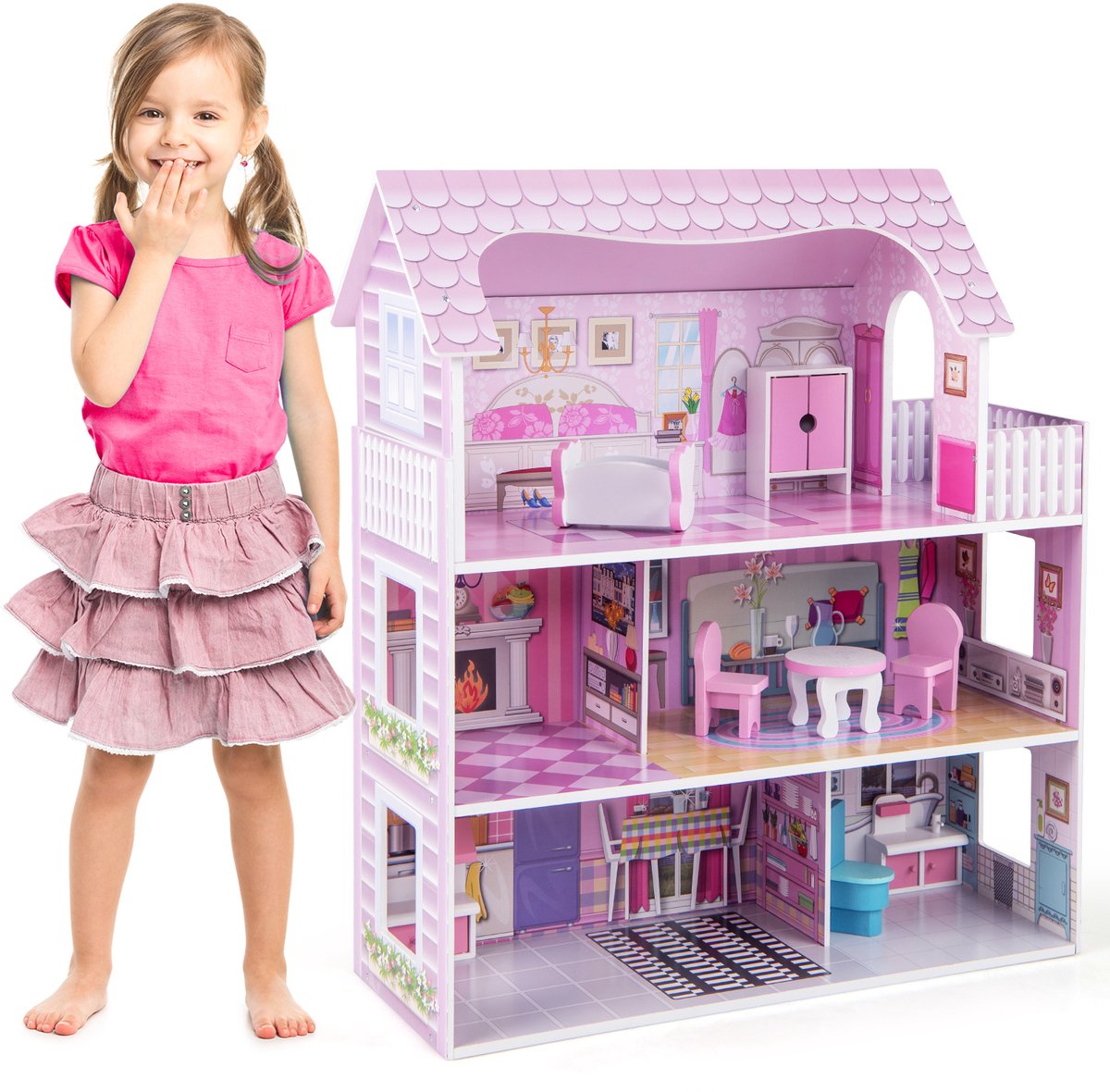 COSTWAY Houten poppenhuis met meubels en accessoires, grote poppenvilla 3 verdiepingen, poppenhuis voor meisjes, speelgoed voor kinderen