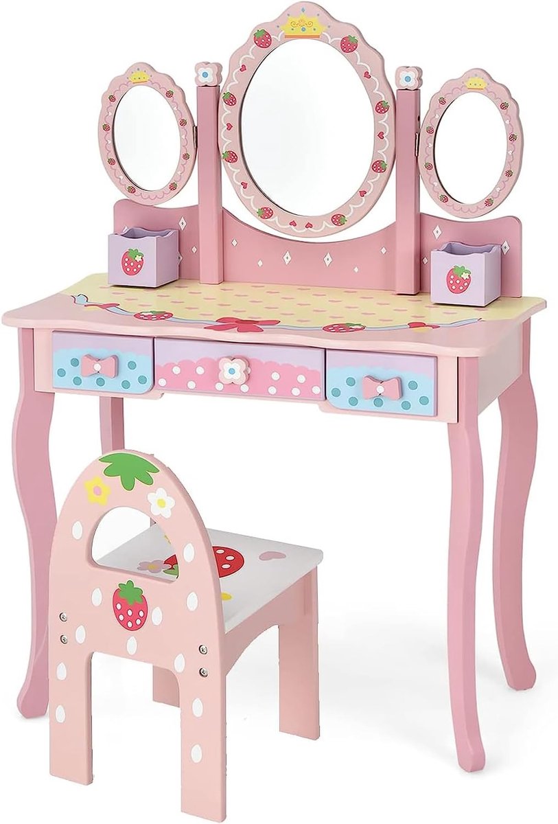 COSTWAY Kaptafel voor Kinderen met Drievoudige Spiegel, Aankleedtafel en Stoel met 3 Lades, 2 Opbergdozen, Meisjes Make-up Vanity Tabel met Krukje voor Kinderen (Roze)
