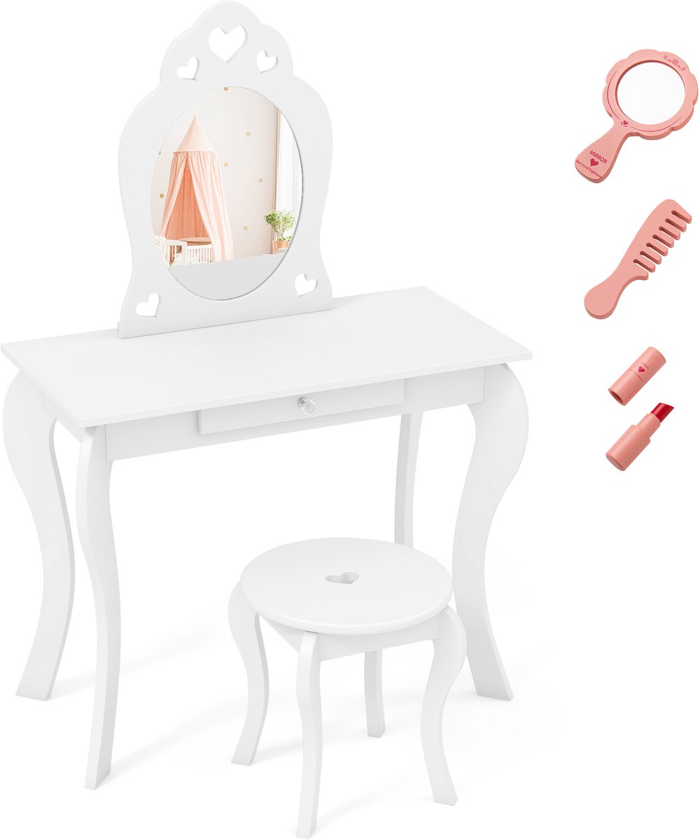COSTWAY Kaptafel voor kinderen, kaptafel met kruk en afneembare spiegel, kaptafel van hout, met lade, 70 x 34 x 105 cm (wit)