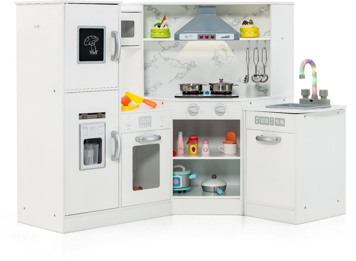 COSTWAY Kinderkeuken hout, speelkeuken met licht en geluid, houten keuken hoek met bord, incl. accessoires, speelgoedkeuken voor kinderen vanaf 3 jaar