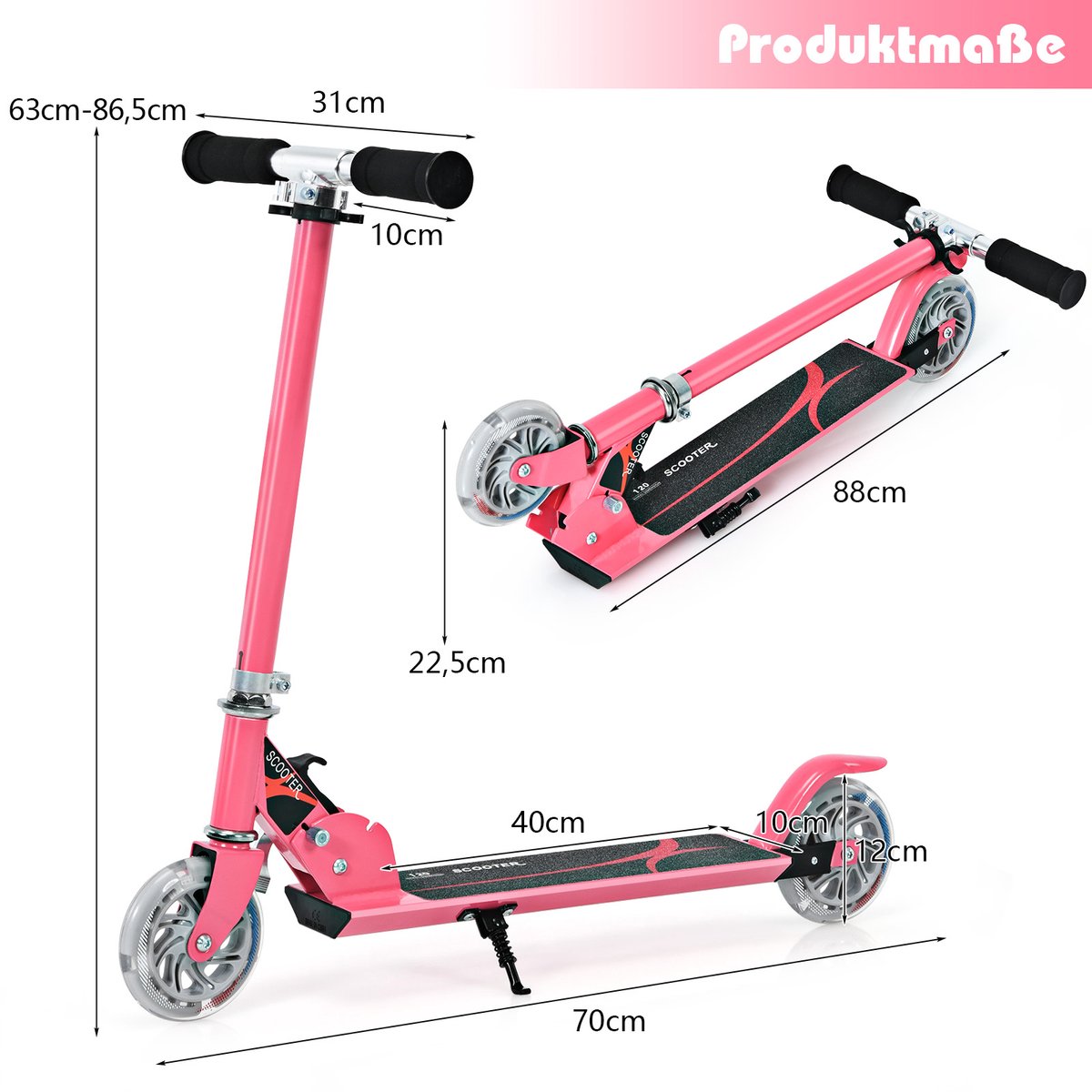 COSTWAY Kinderstep met led-wielen, kinderstep vanaf 4 jaar, in hoogte verstelbaar, kinderstep voor jongens en meisjes (roze)