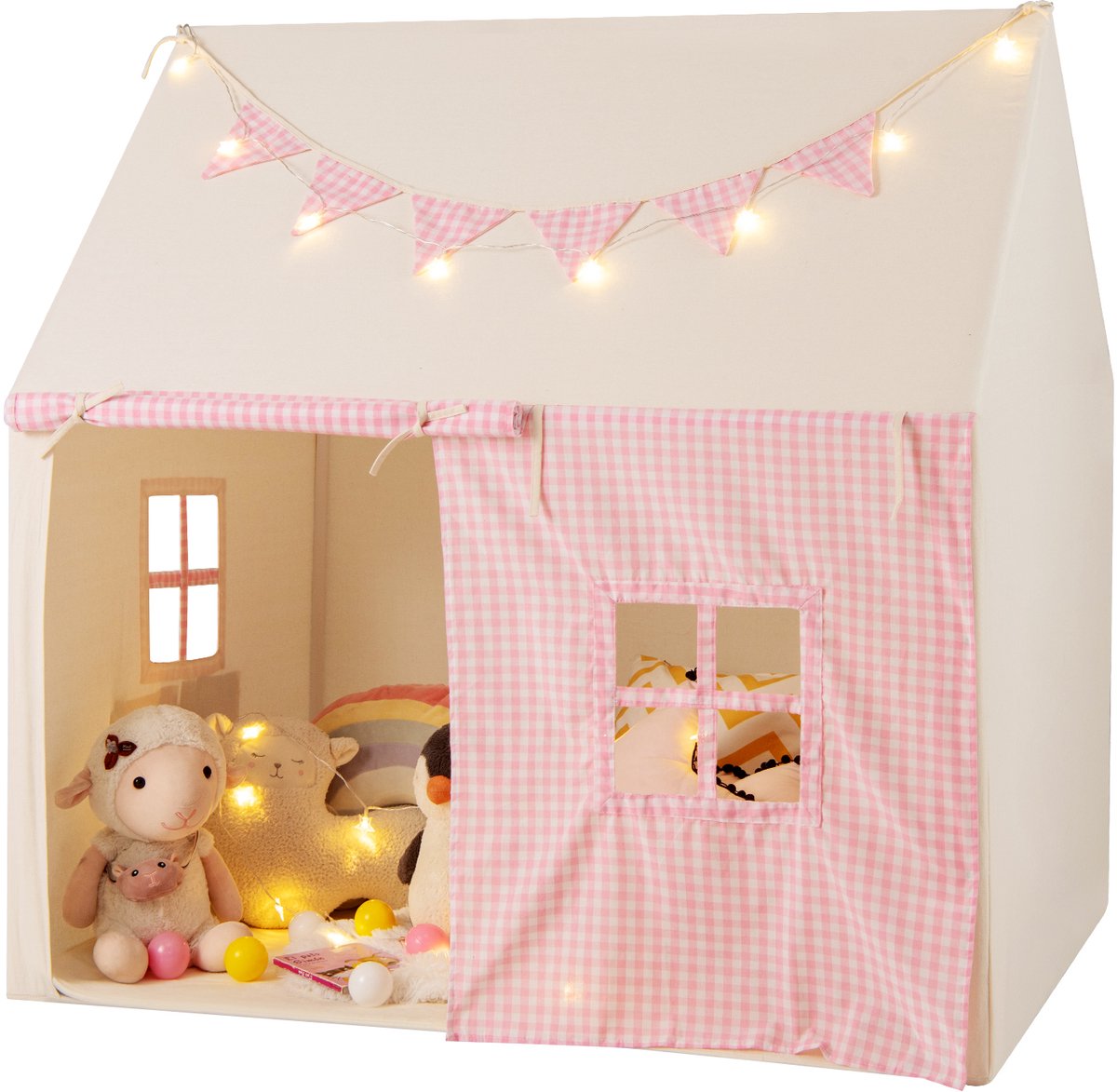COSTWAY Kindertent voor binnen, speelhuis met mat en verlichting, kinderspeeltent met vlaggenbanner en ramen, speeltent voor jongens en meisjes vanaf 3 jaar, roze