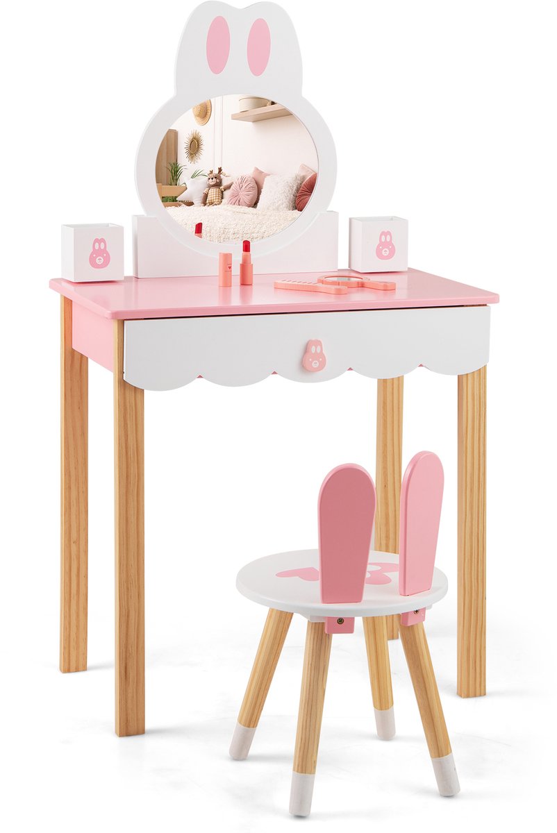 COSTWAY Make-uptafel voor kinderen, met kruk, prinsessen-make-uptafel, kaptafel met spiegel, laden en opbergdoos, make-uptafel, kaptafel voor meisjes en kinderen (roze)