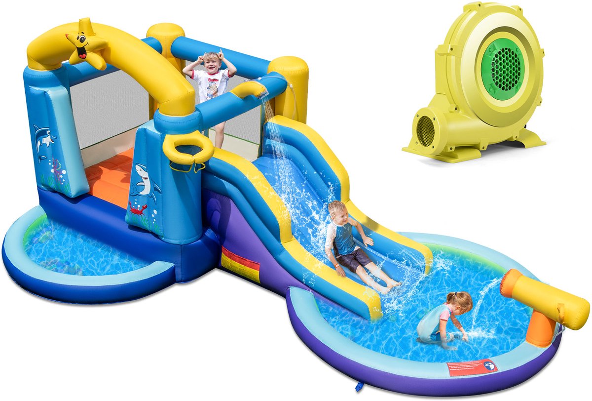 COSTWAY Springkasteel met blazer en glijbaan, waterpark met 2 zwembaden, waterkanon, basketbalmand, kinderspringkasteel voor binnenplaats, park, 490 x 290 x 220 cm