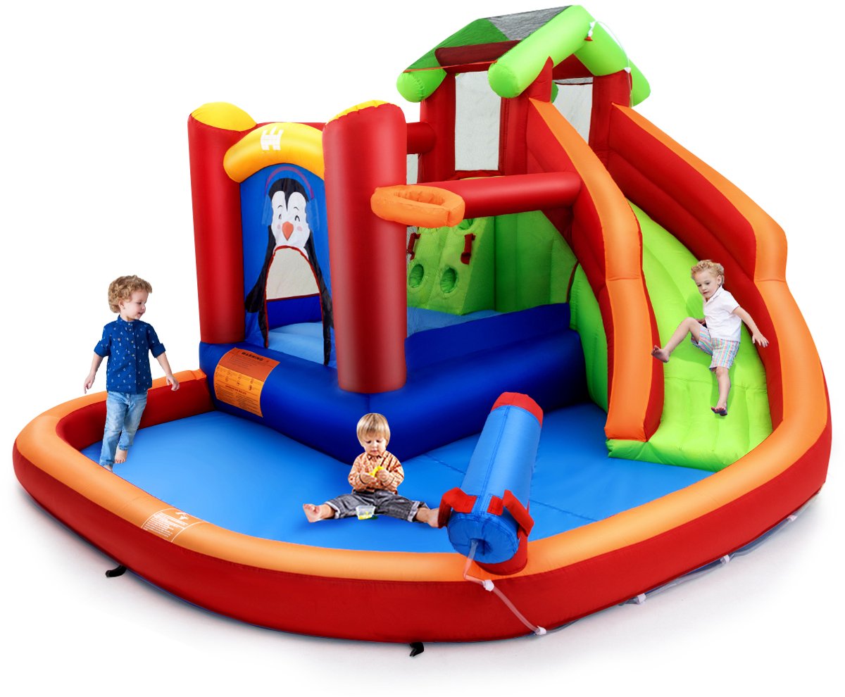 COSTWAY Springkasteel met glijbaan, klimwand, kinderbadje, waterkanon en basketbalring, waterpark voor nat en droog gebruik, inclusief reparatieset, draagtas, 370 x 300 x 190 cm, rood