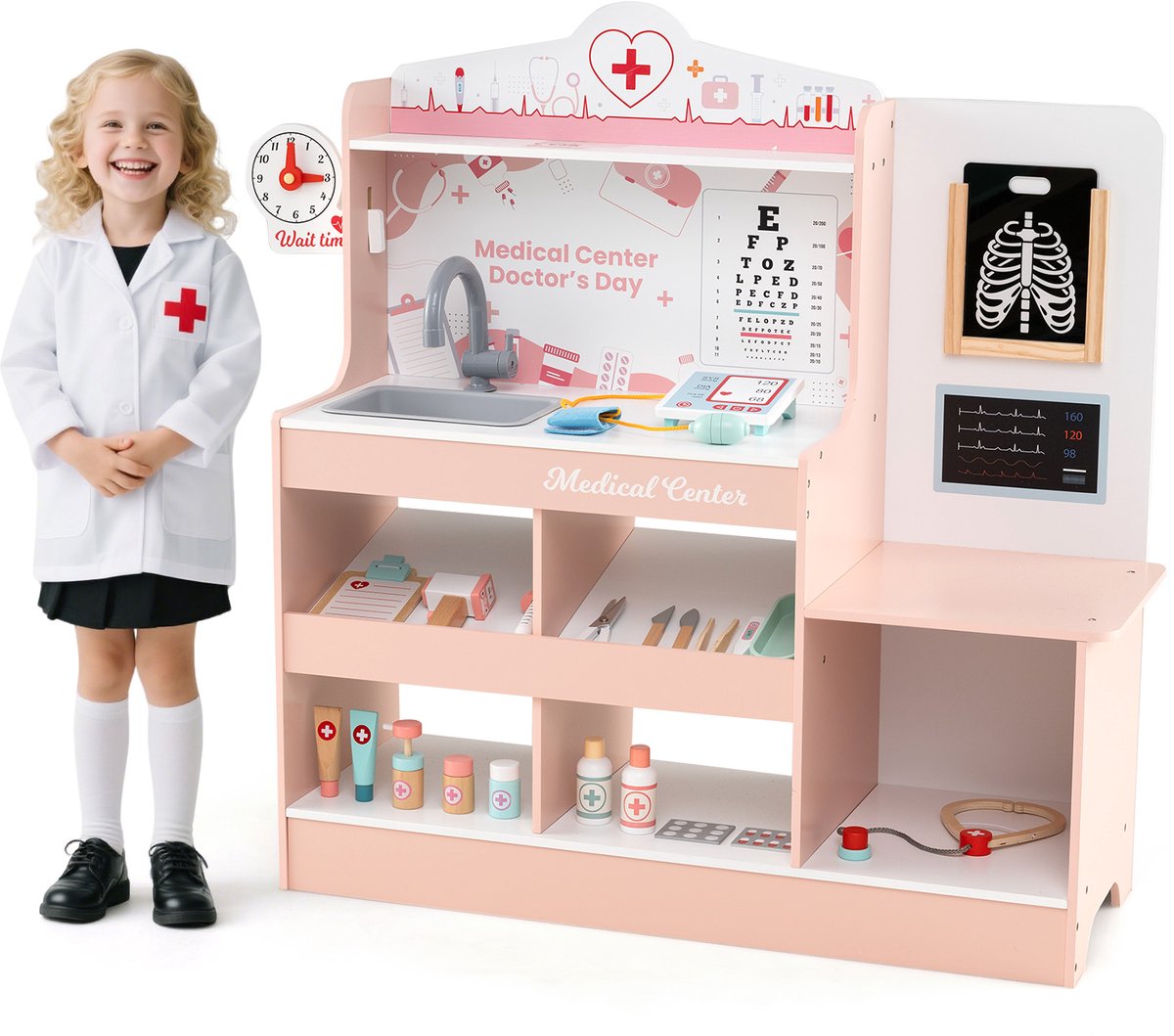 COSTWAY Ziekenhuisspeelgoed, dokterspeelset hout met medische apparatuur en 24 accessoires, incl. stethoscoop & bloeddrukmeter & spuit, arts-rollenspel voor kinderen vanaf 3 jaar (roze)