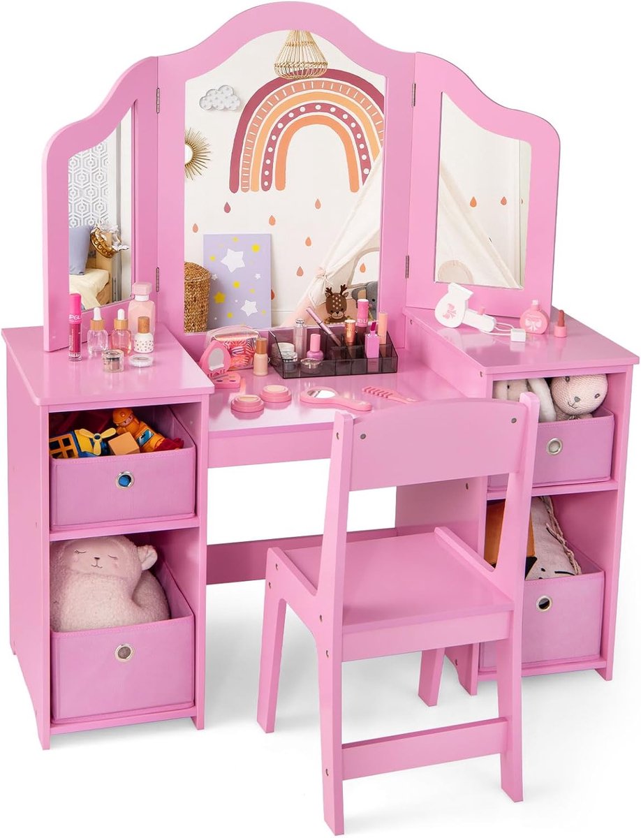 Costway 2-in-1 Kind kaptafel - Roze make-uptafel met spiegel en kruk