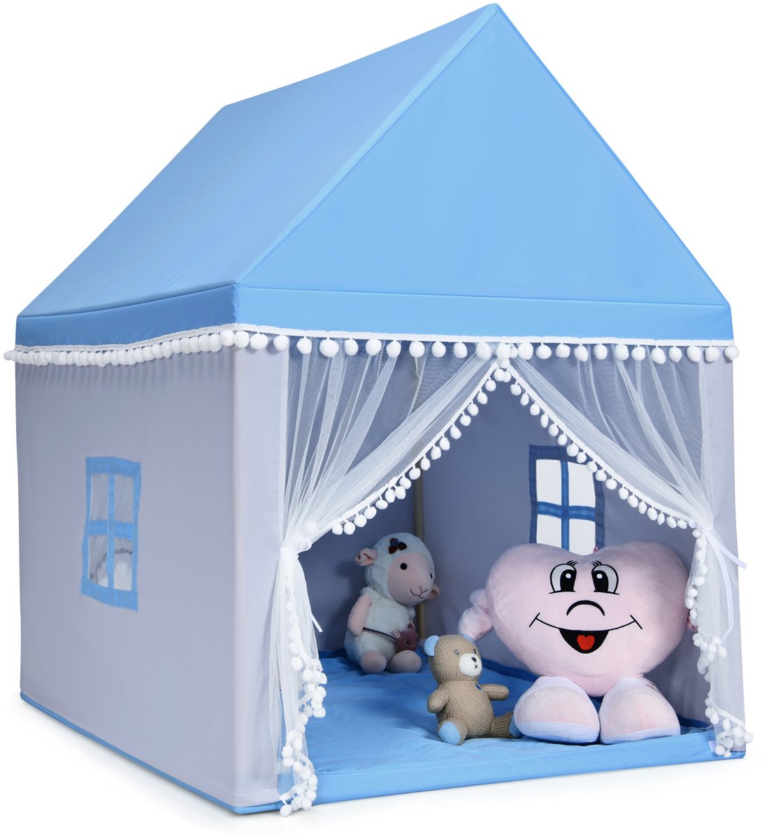   Kinderhuisje, kindertent, speelhuisje, prinses, kinderspeeltent, stoffen tent met massief houten frame en katoenen deken, kinderspeelkasteel voor jongens, 120 x 105 x 140 cm, blauw