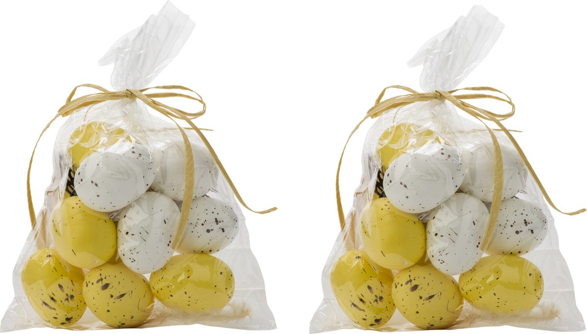 Set van 24x stuks paaseitjes geel/wit van kunststof 5 cm - Paaseitjes voor Paastakken  - Paasversiering/decoratie Pasen