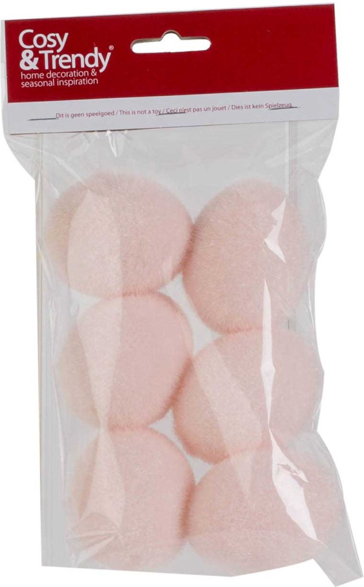 Set van 6x stuks fluwelen paaseitjes lichtroze van kunststof 6 cm - Paaseitjes voor Paastakken  - Paasversiering/decoratie Pasen