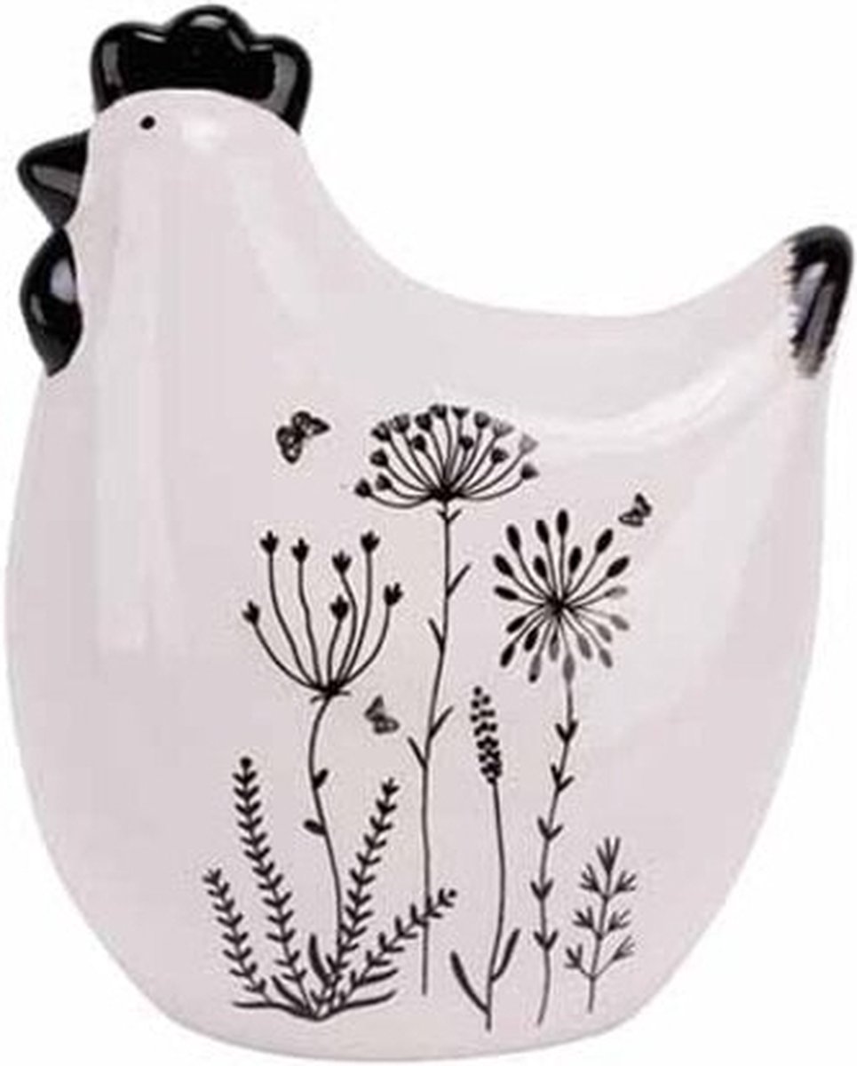 Cosy @ Home Kip - Bloemen - Wit/Zwart - 10x6,8H12,7cm