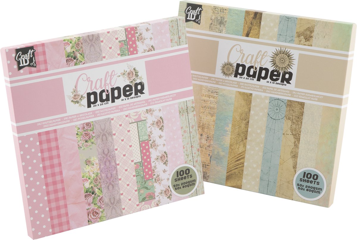Design Papier Hobby 2pcs - Scrapbook Papier Vintage & Bloemen Thema - 100 Vellen per set - 200 grams en 80 grams - Formaat 20 x 20 CM - 10 x 10 Designs per set