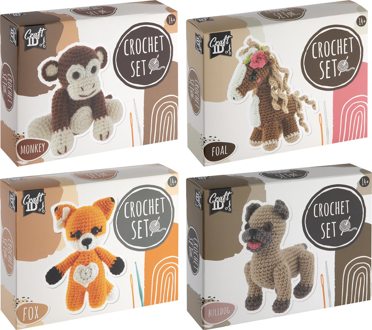 Haakpakket Amigurumi haken 4pcs - Varianten Vosje - Aap - Bulldog - Paard - Haakpakketten Knuffels - Geschikt voor 14 jaar en ouder - Haakpakketten voor volwassenen